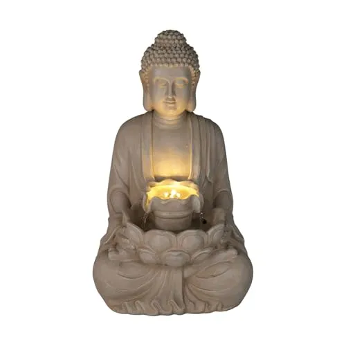 Well Home Buddhabrunnen in Sandfarben mit LED-Lichtern, 28,5 x 24,5 x 48 cm