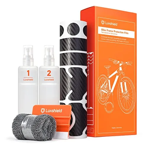 Luxshield Fahrrad Lackschutzfolie - 21-teiliges Rahmen-Set für Mountainbike & Rennrad - Fahrradrahmen, effektiver Steinschutz mit selbstklebender Folie in Carbon-Optik, robust und blasenfrei anbringbar, schützt Lack und ist rückstandslos entfernbar.