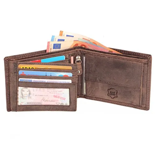 ALMADIH Leder Portemonnaie querformat RFID Schutz 11 Kartenfächer Münzfach Rindsleder Geschenkbox P1Q-BV Herren Börse Geldbörse Geldbeutel Portmonee Brieftasche Herrenbörse Unisex braun (P1Q Vintage)