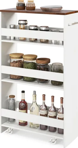 GOPLUS Rollwagen mit 3 Ebenen, Küchenwagen schmal, Nischenwagen auf Rollen mit Griff für kleinen Raum, mobiles Küchenregal Holz, Weiß+Braun