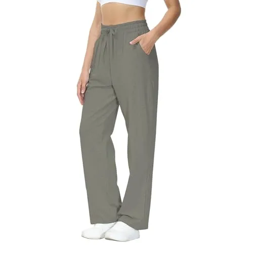 HMIYA Jogginghose Damen Baumwolle Freizeithose Lang offenem Boden Yogahose Sporthose Geradem Bein Hose mit Taschen(Graugrün L)