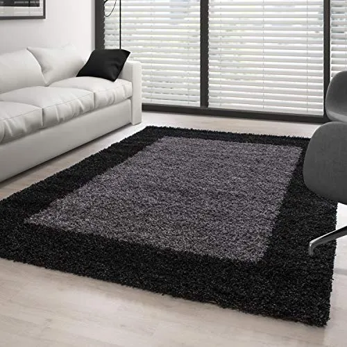 Carpettex Hochflor Teppich Wohnzimmer Shaggy Flokati Teppich Modern Bordüre Design 160 x 230 cm Anthrazit - Teppich Schlafzimmer Weich Flauschig Waschbar Teppich Küche Esszimmer - Langflor Teppiche