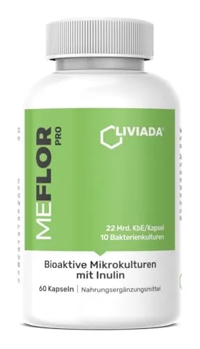LIVIADA MEFLOR PRO | Aktive Bakterienkulturen | 60 Kapseln für 60 Tage | Extra hochdosiert, vegan & magensaftresistent | Mit Milchsäurebakterien & Inulin (präbiotisch) für Darm Mikrobiota