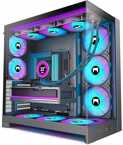 H2(2026) HYXN ATX PC Gehäuse mit 8 Lüftern – Großes Gaming Gehäuse