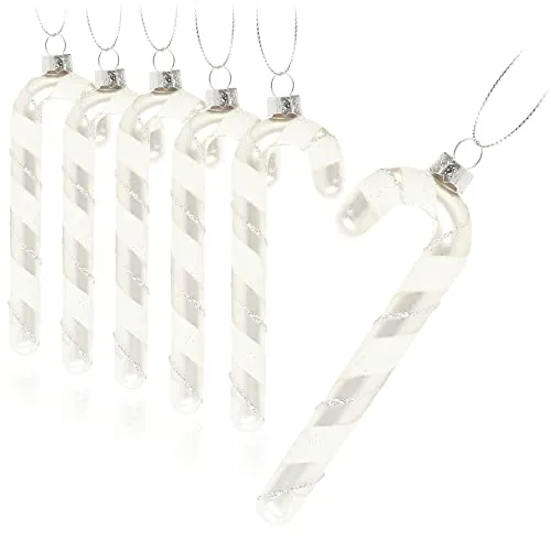 com-four® 6X Christbaumanhänger Zuckerstange - Christbaumschmuck zum Anhängen - Weihnachtskugel in Zuckerstangen-Form (silberfarben/weiß Glas - 6 Stück)