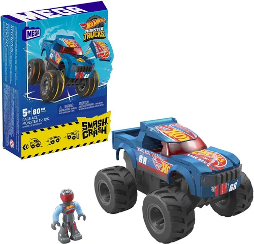 MEGA Hot Wheels Smash-und-Crash Race Ace Monster Truck - 85-teiliges Bauset, mit Smash-und-Crash-Funktion und beweglicher Figur für kreativen Spielspaß
