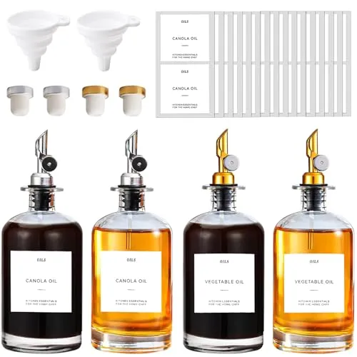 TEGOVE Essig und Ölflaschen Set,4x500ml Öl Flaschen,Olivenöl Flasche Ölflasche mit Ausgießer,Essig- & Ölspender Glasflaschen,Wasserfeste Etiketten,Essig und Ölspender Glas,lflaschen zum Befüllen