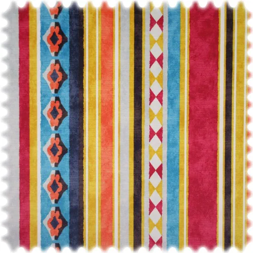 Heiro Samt Velours Möbelstoff Kelim Stripes mit Fleckschutz - Hochwertiger Samt Polsterstoff mit einzigartigem Kelim-Stripes Design. Ideal für stilvolle Möbel, bietet er einen effektiven Fleckschutz und sorgt für Langlebigkeit und Eleganz.