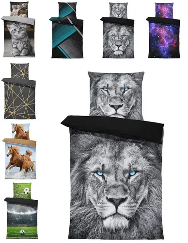 One Home Bettwäsche Fotodruck, Mikrofaser, 2 teilig, Löwe Tiere, Knitterfrei Weich für Sommer und Winter
