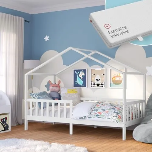Bellabino Bia Kinderbett 90x200 cm – Montessori Hausbett mit Matratze und Rausfallschutz - Kleinkindbett mit 90x200 cm für sicheren Ein- und Ausstieg, ideal für die Selbstständigkeit von Kindern ab 3 Jahren – inkl. stabiler Matratze und Rausfallschutz.