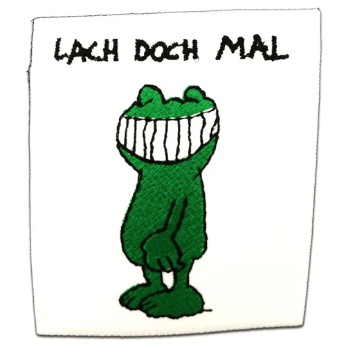 Aufnäher / Bügelbild - Lach Doch Mal - weiß - 6,8 x 7,6 cm - Patches Aufbügeln