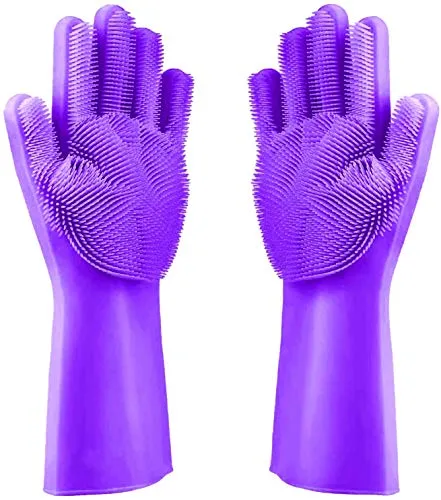 PREMIUM Geschirrspül Waschhandschuhe mit Noppen Oberfläche & feinen Bürsten zum Reinigen der Küchenutensilien I Silikon Reinigungshandschuhe Ideal zum Geschirr spülen & Putzen im Haushalt (Lila)