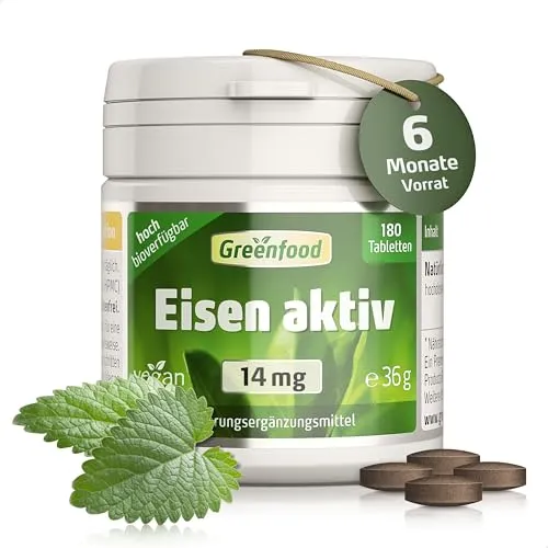 Eisen aktiv, 14mg (norm. Tagesbedarf) - 180 Tabletten, vegan. Eisenbisglycinat - gut verträglich - gegen Müdigkeit & Erschöpfung, Eisenmangel. OHNE künstliche Zusätze - laborgeprüft. Von Greenfood.