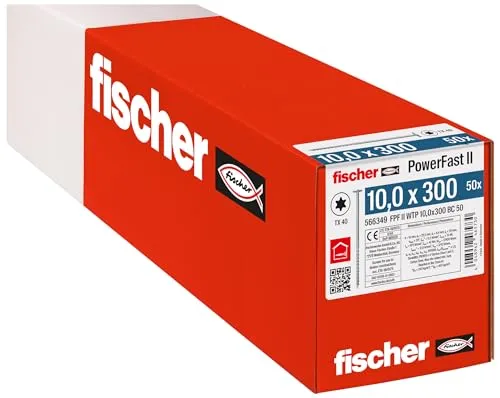 Fischer PowerFast FPF II WTP 10,0 x 300 BC 50 Tellerkopf mit Innenstern TX Teilg - Schrauben für sichere Befestigungen, ideal für Holz und Beton mit 50 Stück im Set für vielseitige Anwendungen.