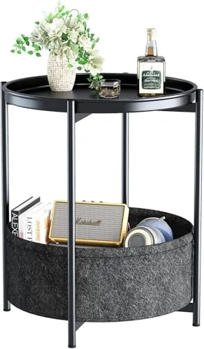 Beistelltisch Rund, Kleiner Tisch, Metall Balkontisch, Sofatisch 2 Ebenen, Couchtisch mit Korb aus Stoff, Nachttisch, Wohnzimmertisch, Beistelltische fürs Wohnzimmer Schlafzimmer Terrasse, Schwarz