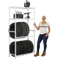 PROREGAL® Standregal Reifenregal MetalShark No. 2 - Stabiles Standregal für bis zu 12 Reifen, inklusive 2 Ablageflächen und 5 Jahre Garantie. Ideal für Garage oder Gewerbe, mit höhenverstellbaren Ebenen und optionalen Rollen für Flexibilität.