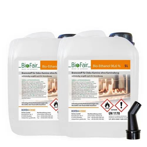 10L BioFair® Bioethanol 96,6% im 5-Liter-Kanister für Ethanol-Kamine (2x5L)