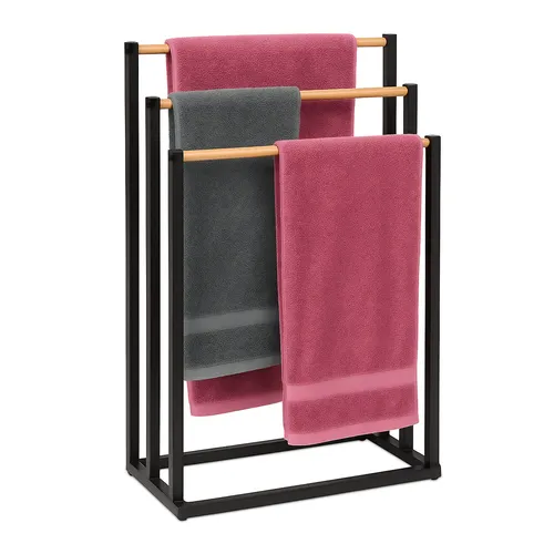relaxdays Handtuchständer mit 3 Stangen, schwarz - Handtuchständer zur platzsparenden Aufhängung von Hand- und Badetüchern, mit 3 versetzten Stangen für optimale Luftzirkulation. Flexibel im Badezimmer oder Gäste-WC einsetzbar und dekorativ aus Metall und Bambus.