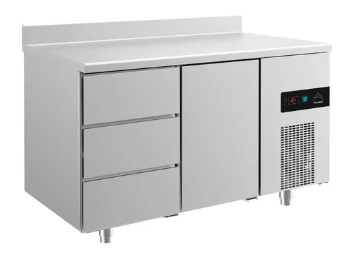Gastro Kühltisch Umluftkühlung 1 Tür 3 Schubladen Aufkantung 1400x700x850mm