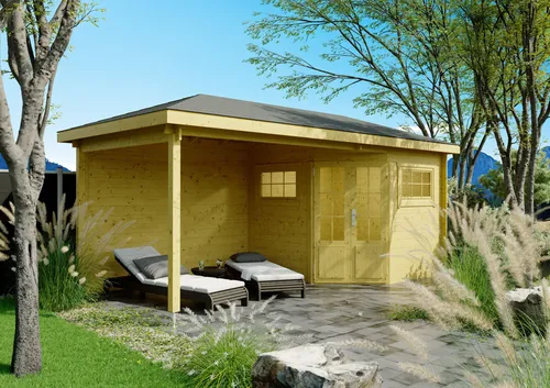 Fjordholz 5-Eck Gartenhaus Modell Evelyn 2C - Massivholz & Stabilität - Robustes 5-Eck Gartenhaus aus 28mm nordischer Fichte, ideal für Gartenliebhaber. Mit stabiler Dachkonstruktion und hochwertigen Fenstern für optimale Nutzung.