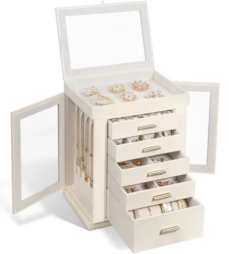Schmuckkästchen 360° drehbar, 6 Ebenen Schmuckschatulle, Groß Schmuckkasten für Damen, Glasfenster, offenes Design, Schmuckaufbewahrung für Ringe Ohrringe Halskette Geschenkbox für Mädchen Frauen