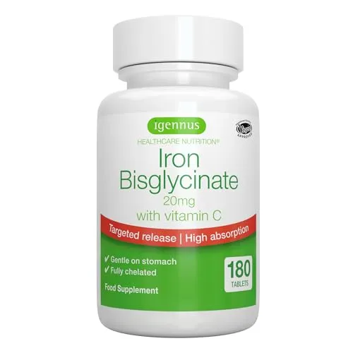 Eisenbisglycinat mit Vitamin C – 180 Eisentabletten von Igennus - Eisenpräparate mit 20mg hochabsorbierbarem Eisenbisglycinat und 100mg Vitamin C für optimale Eisenaufnahme, magenschonend und ideal für vegane Ernährung.