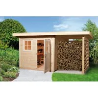 Holz-Gartenhaus Flachdach Unbehandelt 430 cm x 314 cm - Modernes Holz-Gartenhaus mit 9,24 m² Fläche und praktischem Flachdach. Ideal für die Lagerung von Gartenutensilien oder als überdachte Sitzfläche. Einfacher Aufbau dank Steck- & Schraubsystem, perfekt für jeden Garten!