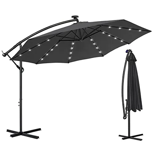 AufuN Alu Ampelschirm Ø 300 cm mit Solar LED Beleuchtung Sonnenschirm mit Kurbelvorrichtung Höhenverstellbarer, UV-Schutz 40+, Wasserabweisende Bespannung Kurbelschirm, 8 Streben, Dunkelgrau