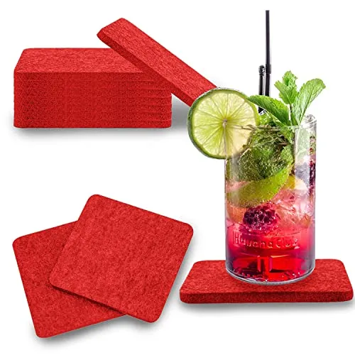 wortek Filzuntersetzer eckig für Gläser – 8er Set Glasuntersetzer für Getränke, Tassen, Bar, Glas - Ø 10cm Tischuntersetzer waschbare Untersetzer Gläser Rot Glas Untersetzer-Set