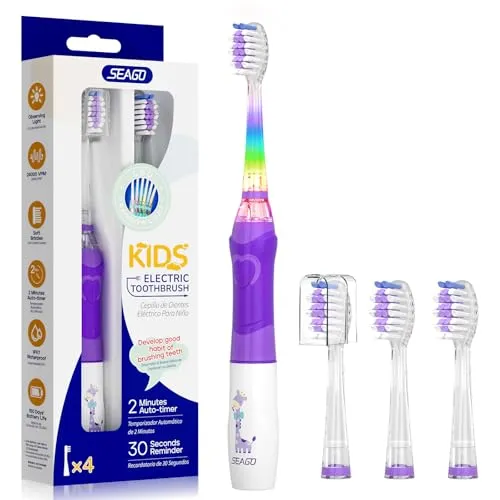 Seago Elektrische Zahnbürste Kinder ab 2, Kinderzahnbürsten mit 4 Extra Weiche Bürstenköpfe und LED Licht, 4 Modi 24000VPM Smart Timer Schallzahnbürste für Kleinkind Mädchen Jungen SG977(Violett)