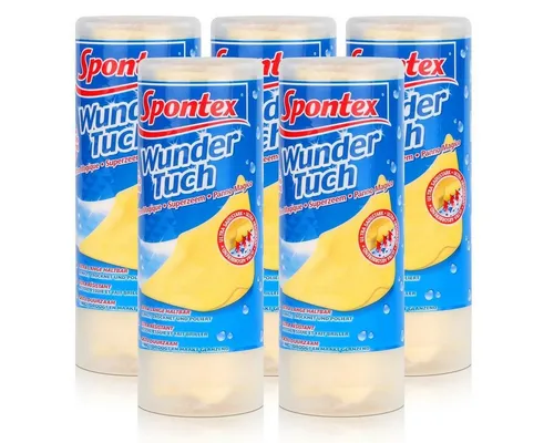 Spontex Wundertuch 5er Pack - Alleskönner für strahlende Sauberkeit - Reinigungstücher für Haushalt und Auto, nehmen bis zu 1.050% Wasser auf und hinterlassen keine Schlieren oder Fussel. Langlebig und effizient für alle Oberflächen.