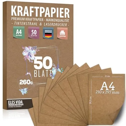 Blatt Kraftpapier A4 Set - 260 g - 21 x 29,7 cm - DIN Format - Bastelpapier & Naturkarton Pappe Blätter aus Kraftkarton zum Drucken, Kartonpapier Basteln für Vintage Hochzeit Geschenke Etiketten 50
