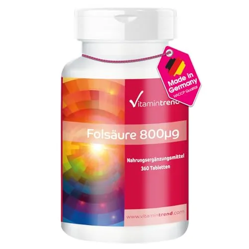 Vitamintrend Folsäure 800µg, 360 Tabletten, schluckfreundlich, Vitamin B9, Nahrungsergänzungsmittel vegan ohne Magnesiumstearat, in Deutschland hergestellt