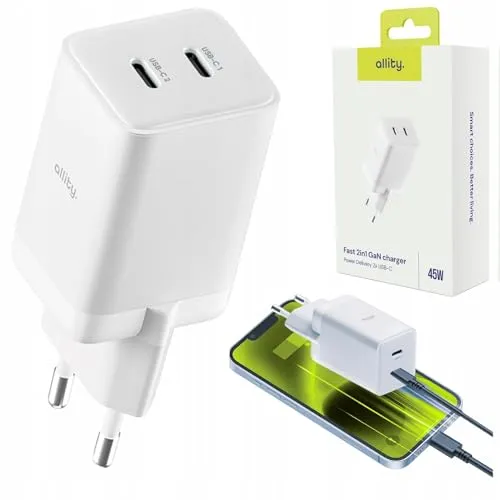 Allity GaN USB C Ladegerät 45W - 2-Port PD Schnellladegerät - Kompaktes 45W GaN Schnellladegerät mit 2x USB-C für ultraschnelles Laden von Laptop und Smartphone. Ideal für Reisen und Alltag, kompatibel mit MacBook, iPhone und mehr.