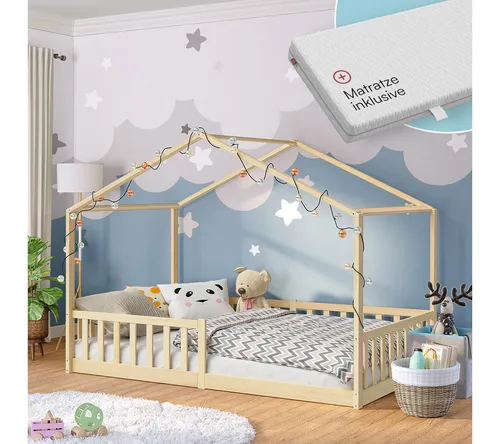 Bellabino Hausbett Bia mit Rausfallschutz und Lattenrost (natur, mit Matratze), Bodenbett verfügbar in 80x160 & 90/120/140x200 cm