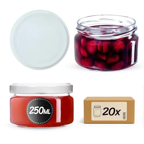 KADAX 20er Set Marmeladengläser 250 ml mit Schraubdeckel Ø 82 mm in Weiß - luftdichte, spülmaschinenfest, ideal für Marmelade, Chutneys, Eingelegtes Gemüse, Fleisch, Pasteten & Babynahrung