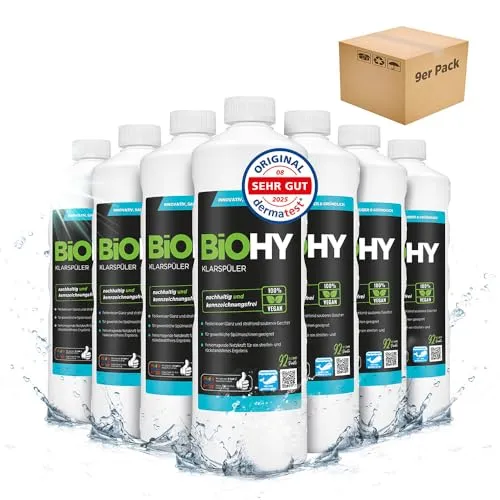 BiOHY Klarspüler (9 x 1 Liter) - Bio Geschirrspülmittel für alle Spülmaschinen, EXTRA STARKER Fettlöser für strahlenden Glanz auf Glas & Geschirr, 100% vegan und biologisch abbaubar.