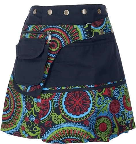 GURU SHOP Wickelrock - Boho Patchworkrock in Schwarz/Grün für Damen - Damen Minirock mit praktischen Taschen und flexibel einstellbarer Größe für Hüftumfang von 80 - 115 cm, perfekt für lässige Boho-Looks.