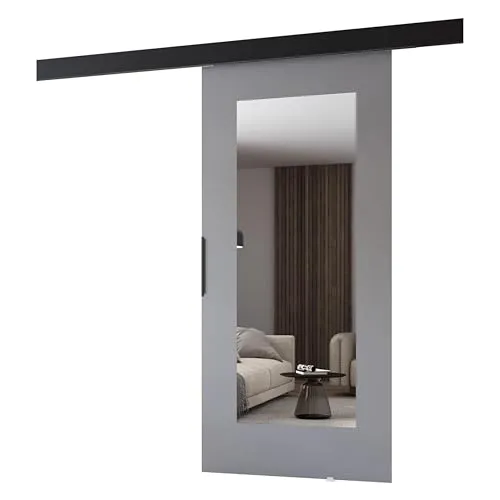 MINIO go for it - Schiebetüren 76 cm mit Spiegel, Schiebetür Zimmertür PRIM I, Schiebetürsystem für Zimmer, Dekorative Elemente, Wandmontage, Türe Innen - Grau/Schwarz