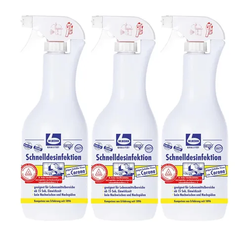 Dr. Becher Schnelldesinfektion 1L - 3er Pack für schnelle Sauberkeit - Effektive Schnelldesinfektion für den Alltag, ideal für Zuhause und im Büro. Parfüm- und aldehydfrei, mit praktischem Sprühventil für einfache Anwendung. IHO-zertifiziert und wirkt bereits nach 15 Sekunden.