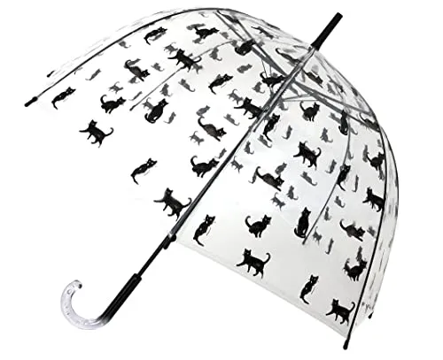 SMARTBULLE Regenschirm Lang Transparent - Glockenform; Stabil; Automatisch öffnend; Durchmesser=85cm; Transparenter Griff; Regenschirm Frau; Kleine Katzen.
