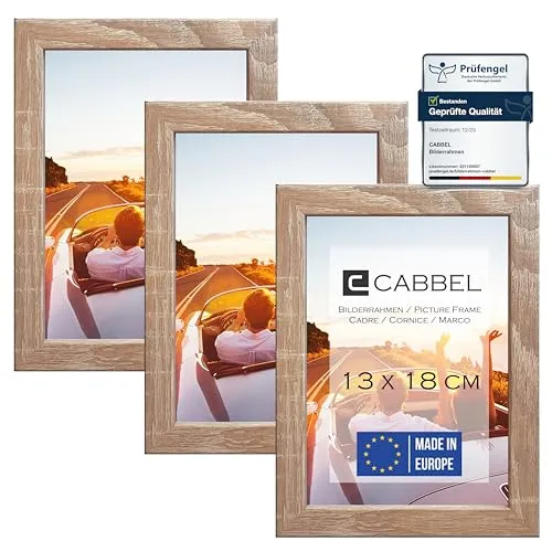 CABBEL 3er Set Bilderrahmen 13x18 MDF Holz-Rahmen mit bruchsicherem Acrylglas in Mokka Hell
