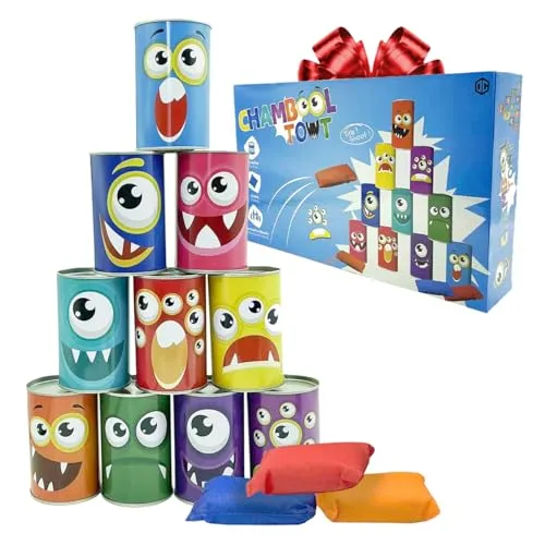 Dosenwerfen | Wurfspiel für Kinder | Spielzeug für Kirmes, Kindergeburtstage | 10 Dosen und 3 Beutel Inklusive | Fördert Koordination und Präzision | Outdoor Spiele | OriginalCorner®