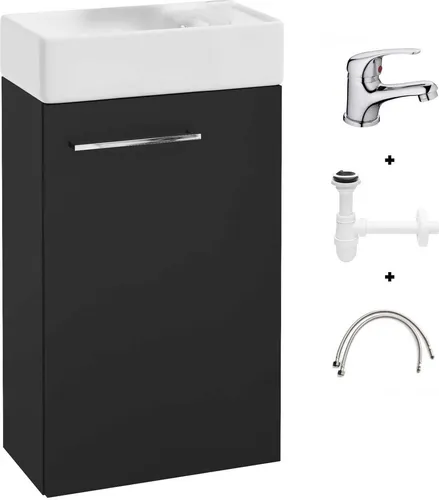 Schwarzer hängender Badezimmerschrank mit 60x40 Waschbecken und kleinem Chrom-Kompakthahn
