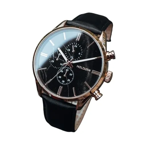 Holzkern Quarzuhr Chronograph Relational Marmor/Roségoldfarben - Armbanduhr für Herren mit schwarzem Marmor-Zifferblatt und präzisem Quarzwerk, inklusive Stoppuhr, Datumsanzeige und spritzwassergeschütztem Design.