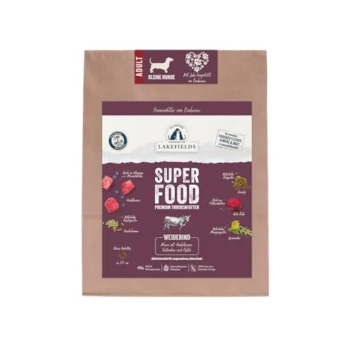 Lakefields SUPERFOOD | Premium Hundefutter trocken | 61% Rind | 1 x 1kg | Getreidefreies Trockenfutter für kleine ausgewachsene Hunde | Mit Heidelbeeren & Roter Beete | Von Tierärzten entwickelt