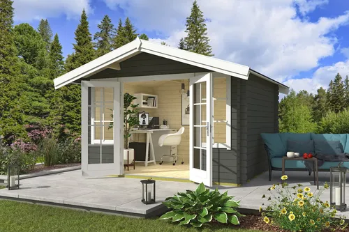 Gartenhaus Blockhaus Satteldach 28 mm Robin 280 grün 350x300 cm - Gartenhaus aus robustem Blockbohlen mit Satteldach, abschließbar und ideal für Gartenlagerung. Mit 20 m³ Rauminhalt und 8.9 m² Nutzfläche bietet es reichlich Platz für Ihre Gartengeräte.