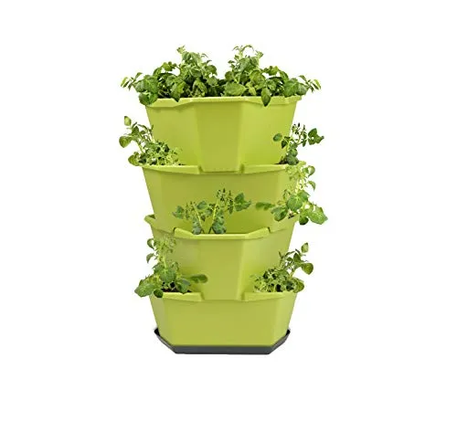GUSTA GARDEN Paul Potato Starter Kartoffelturm - stapelbar - Hochbeet/Pflanzgefäß/Blumentopf für Balkon, Garten und Terrasse (4 Etagen, Grün) inkl. Untersetzer
