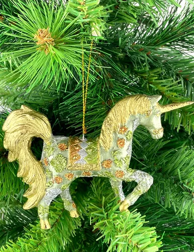 Christbaumschmuck bezauberndes Einhorn verziert in mintgrün-kupfer-gold 15 cm