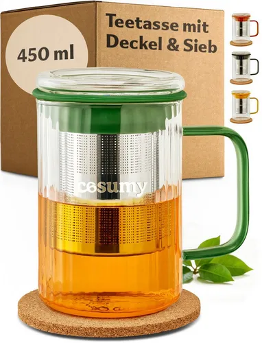 Cosumy Teeglas Teetasse mit Deckel und Sieb 450ml Grün, 1-tlg., Borosilikatglas, Edelstahl, Kork, Edelstahlfilter
